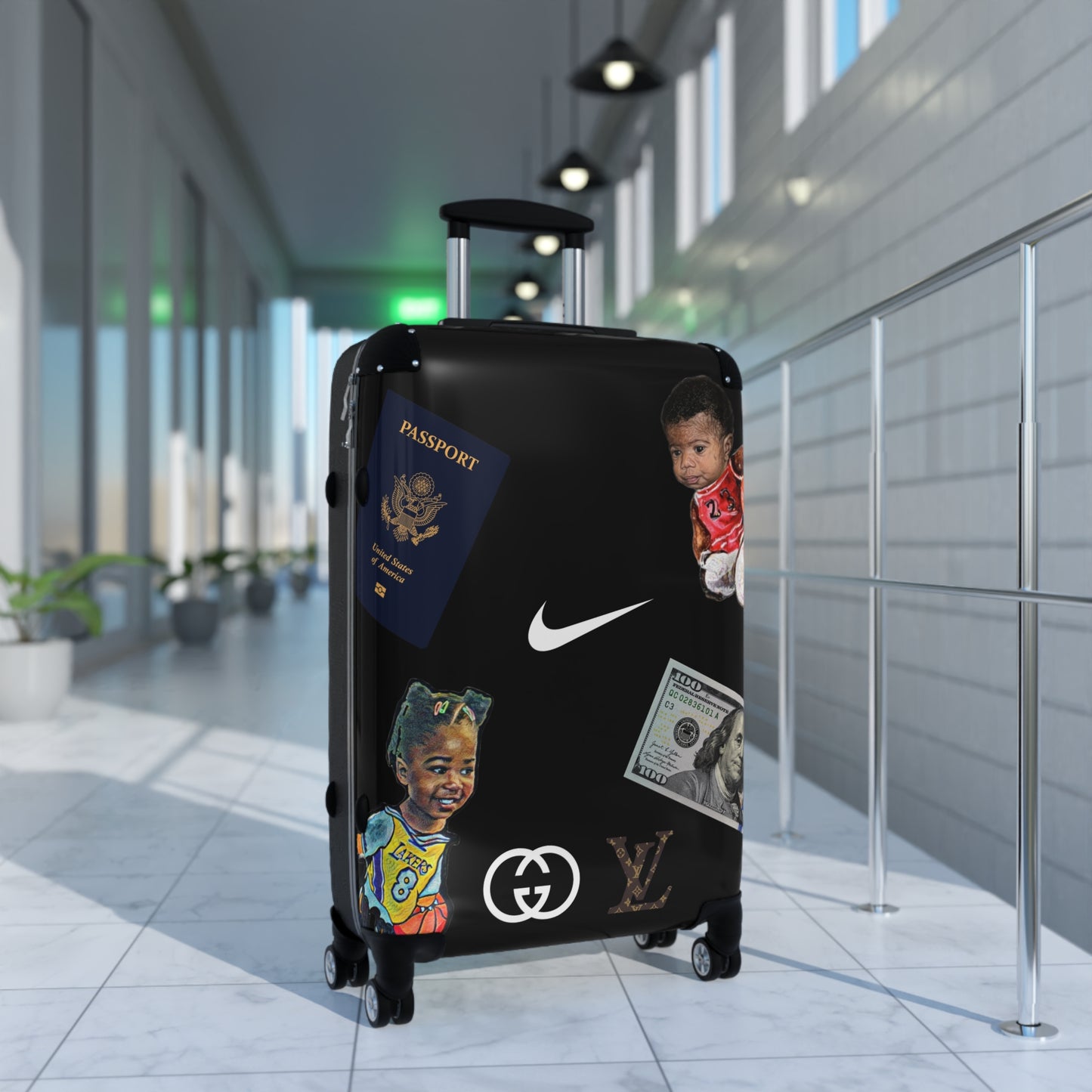 Luxury Giles Suitcase — Custom Travel Luggage with Passport, Cash & Kid Portrait Decals