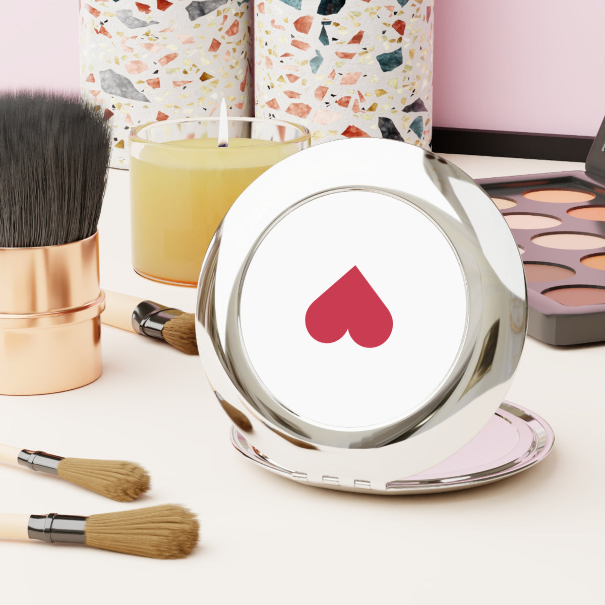 Compact Travel Mirror with Red Heart Design
