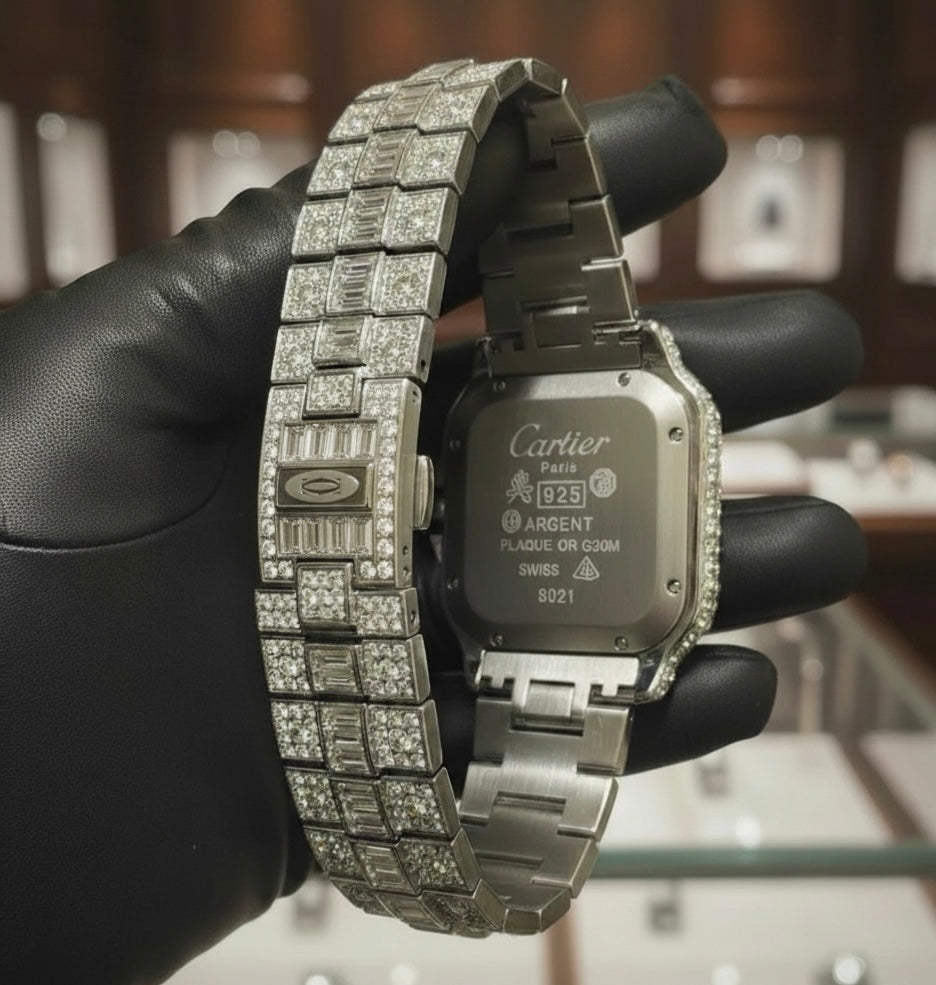 Iced Out Diamond Cartier Watch, VVS1 Highest Quality Moissanite