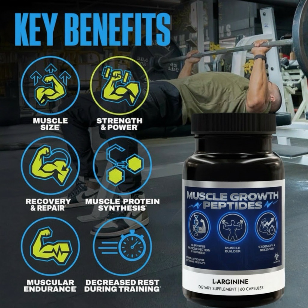 Muscle Growth Peptides with L-Arginine,  Muscle Peptide, Supports Protein Synthesis, Muscle Builder, Strength & Recovery (60 Capsules)