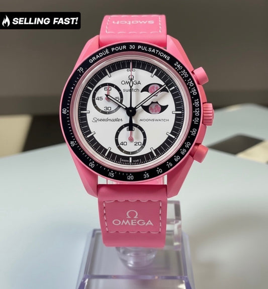Omega Moonswatch Mission to the Moon, Omega x Swatch Pink Moon W/General Leather Box