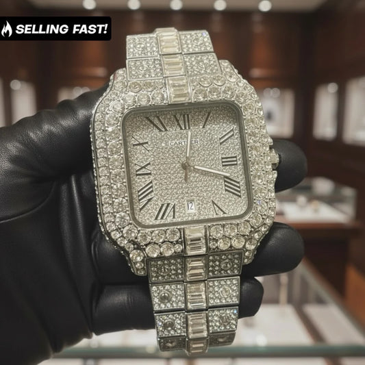 Iced Out Diamond Cartier Watch, VVS1 Highest Quality Moissanite